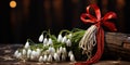 1st of March tradition white and red cord with snowdrops martisor, banner, copy space Royalty Free Stock Photo