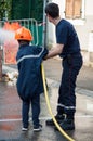 Closeup of french rescue man with child demonstration