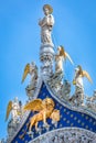 St Mark Basilica facade detail, with lion and angels, Venice, Italy Royalty Free Stock Photo