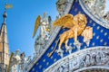 St Mark Basilica facade detail, with lion and angels, Venice, Italy Royalty Free Stock Photo