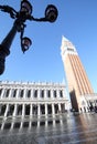 St Mark Bell Tower during the flooding of square in Venice Italy