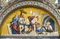 St Mark`s Basilica close-up, Venice, Italy. It is top landmark in Venice. Beautiful luxury mosaic portal, image of Christ and Royalty Free Stock Photo