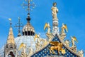 St Mark`s basilica or San Marco closeup, beautiful rooftop on sky background, Venice, Italy. Medieval cathedral is top landmark of Royalty Free Stock Photo