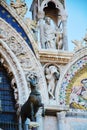 St. Mark`s basilica, stone detail and mosaic, in Venice, Italy Royalty Free Stock Photo