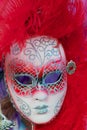 Close up of typical Venetian carnival masks with bright red feathers.