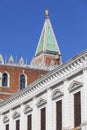 St Mark`s Campanile Campanile di San Marco and Doge`s Palace Palazzo Ducale on a background of blue sky, Venice, Italy Royalty Free Stock Photo