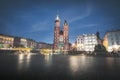 St. Mary`s Basilica and Main Market Square at night - Krakow, Poland Royalty Free Stock Photo