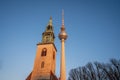 St. Mary Church and TV Tower (Fernsehturm) at sunset - Berlin, Germany
