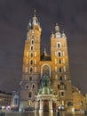 St. Mary gothic church facade at night in Krakow, Poland Royalty Free Stock Photo