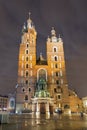 St. Mary gothic church facade at night in Krakow, Poland Royalty Free Stock Photo