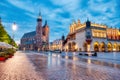 St. Mary`s Basilica on the Krakow Main Square at Dusk, Krakow Royalty Free Stock Photo