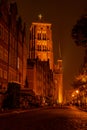 St. Mary's Basilica in Gdansk at night, Poland. Empty Old town of Gdansk with city hall. View of the Church of the Royalty Free Stock Photo