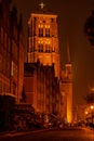 St. Mary's Basilica in Gdansk at night, Poland. Empty Old town of Gdansk with city hall. View of the Church of the Royalty Free Stock Photo