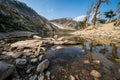 St Marys Lake and glacier in Colorado, wide angle view on a sunny day, view of bristlecone pine trees Royalty Free Stock Photo