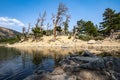 St Marys Lake and glacier in Colorado, wide angle view on a sunny day, view of bristlecone pine trees Royalty Free Stock Photo