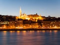 St. Matthias church and Fishermen`s Bastion. View from Danube River. Budapest, Hungary. Night shot Royalty Free Stock Photo