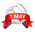 1st may day greeting illustration with hammer and sickle and a bow with text. Labor day greeting, international worker day