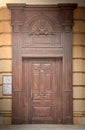 1st of May 2016, Russia, Tomsk, wooden door of restored wooden house