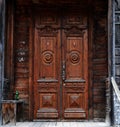 1st of May 2016, Russia, Tomsk, wooden door of restored wooden house