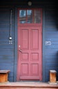 1st of May 2016, Russia, Tomsk, wooden door of restored wooden house