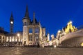 St. Michael`s Bridge and Graslei quay in Gent at night, Belgium