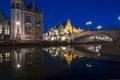 St. Michael`s Bridge and Graslei quay in medieval Gent at night, Belgium