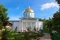 St. Michael`s Cathedral in Pskov-Pechory Monastery in Pechory, Pskov region, Russia under blue sky Royalty Free Stock Photo