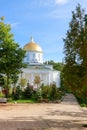 St. Michael`s Cathedral in Pskov-Pechory Monastery in Pechory, Pskov region, Russia under blue sky Royalty Free Stock Photo