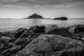 St Michael`s Mount grayscale image in South Cornwall, England Royalty Free Stock Photo