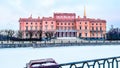 St Michaels castle in Saint-Petersburg Russia in winter on bank of frozen river. St. Petersburg sights. Pink historic