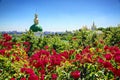 St. Micheals Monastery in wonderful flower field Royalty Free Stock Photo