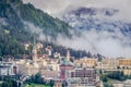 St Moritz cityscape under mountain mist, Engadine, Swiss alps, Switzerland Royalty Free Stock Photo