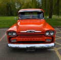 Vintage 1958 Chevrolet Apache pick-up - DAS 330 in Orange view from front.