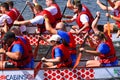 Close up of Dragon Boat paddlers.