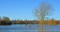 St Neots regatta meadow flooded and underwater with blue sky and tree.