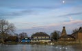 St Neots, UK - 17th March 2019: Dusk over St Neots rowing club and the oast house.
