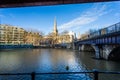 St Nicholas Church viewed from beneath the Bristol Bridge in Bristol, Avon, UK