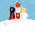 St. Nicholas with devil,angel and blank paper. Cute Christmas invitation, card, wish list. Flat design, illustration. Royalty Free Stock Photo