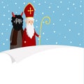 St. Nicholas with devil, falling snow and blank paper. Cute Christmas invitation, card, wish list. Flat design, vector Royalty Free Stock Photo