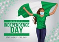1st October Nigeria Independence Day. young girl running with holding Nigeria flag in her hands behind. vector illustration1st