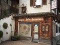 St. Pankraz, Italy - July 14, 2016: Wooden shop front of a former butcher`s shop in St. Pankraz / South Tyrol.