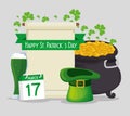 St patrick card with cauldron and gold coins with hat