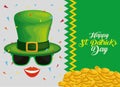 St patrick card with gold coins and hat with sunglass