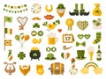 St patrick. Celebration party items green clothes leprechaun with golden coins lucky symbols clover recent vector Royalty Free Stock Photo