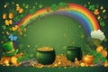 St. Patrick Day background with beer, leprechaun hat, rainbow, coins, trefoil clover, pot and riches Royalty Free Stock Photo