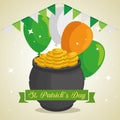 St patrick day and cauldron with coins and balloons