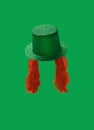 St. Patrick Day concept. Irish glittery hat and ginger curly beard on green background.