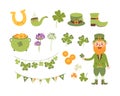 St. Patrick day festive elements and characters. Leprechaun, golden coins, clover. Vector collection