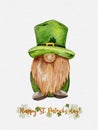 St Patrick day leprechaun with four leaves clovers, Greeting card a gnomes with shamrock a luck symbols. illustration Watercolour