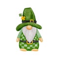 St Patrick day leprechaun with four leaves clovers, Greeting card a gnomes with shamrock a luck symbols.Vector Watercolour green